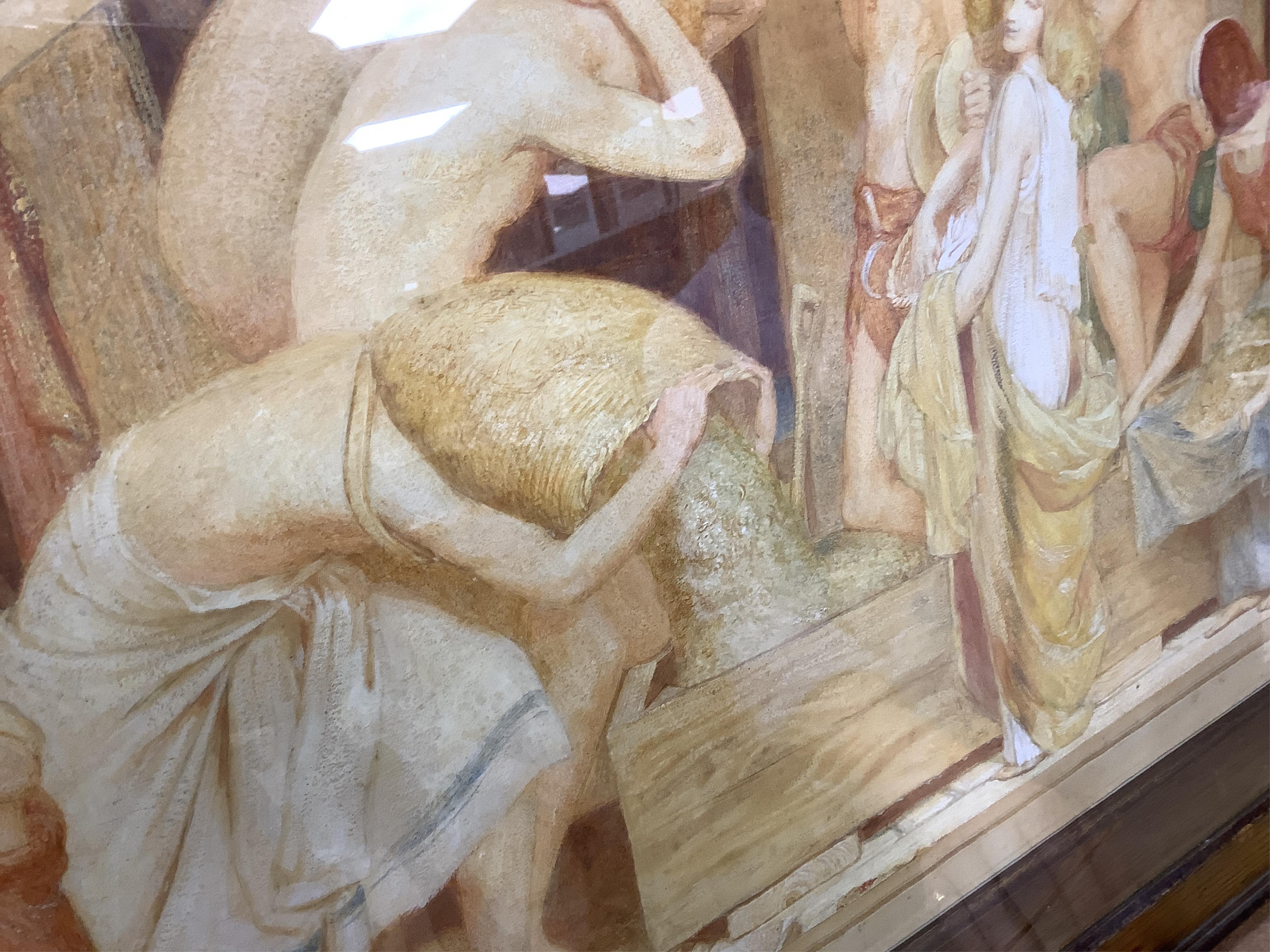Harry Mileham (1873-1957), 'The Vintage', signed, fan shaped watercolour heightened with white, together with a catalogue of works by the artist, 42 x 84cm